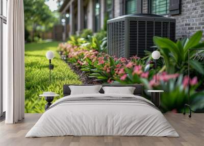   A lush green field of grass with two air conditioners perched atop it, adjacent to a brick building Wall mural