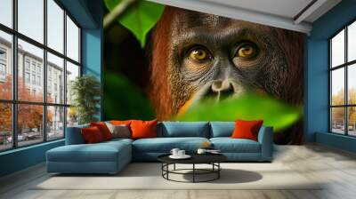  A monkey's face, eyes wide, peers from behind a green leafy branch in a tight shot Wall mural