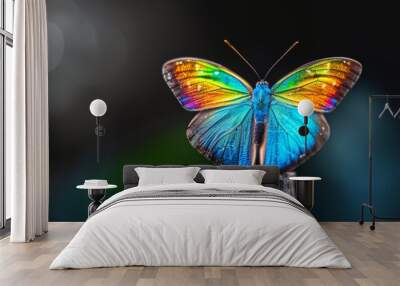  A multicolored butterfly atop two wood pieces against a slightly blurred backdrop Wall mural