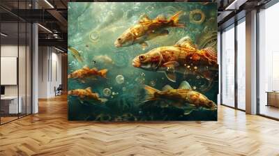  A painting of a school of fish swimming in a tranquil body of water, with bubbles rising from the depths below Wall mural