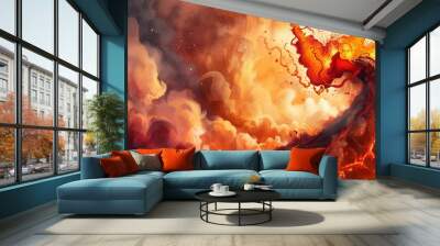  A painting of a volcano erupting, with red-hot lava and yellow molten rock shooting into the sky Wall mural