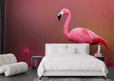  A pink flamingo faces sideways in a field of pink blooms Wall mural