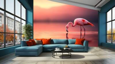  A pink flamingo wades in the water, submerging its head and legs Wall mural