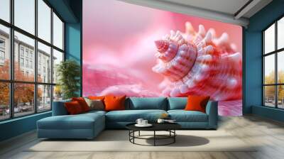  A pink shell, tightly framed, against a backdrop of pink and white waves, subtly blurred background Wall mural