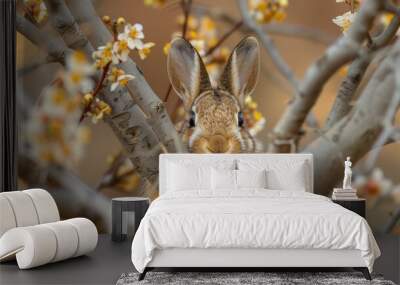  A rabbit peeks from behind tree branches, adorned with yellow and white blooms in the foreground Wall mural