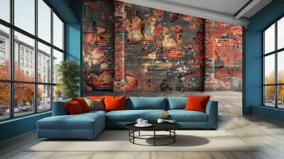  A red brick wall encloses an empty room, adorned with two windows Outside, urban cityscapes await viewership Wall mural