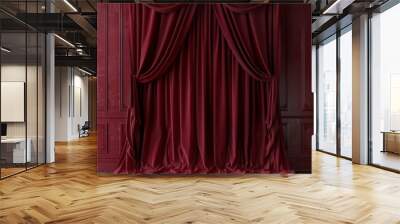  A red curtain hangs in an empty room with a chevron-patterned wooden floor and a red wall Wall mural