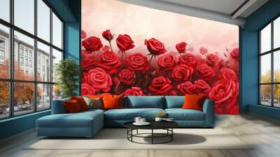  A red rose bouquet in the field's heart, framed by a pink sky backdrop Wall mural