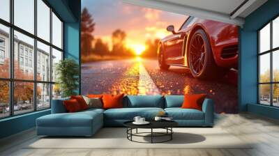   A red sports car sits beside the road as the sun sets in the background Wall mural