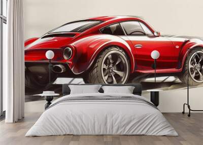  A red sports car sketch against a pristine white backdrop, accompanied by its shadow in the foreground Wall mural