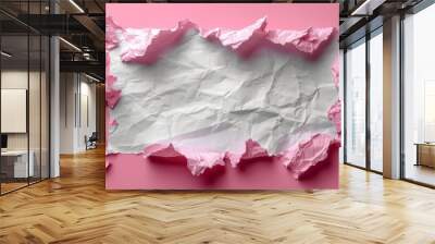   A sheet of paper, ripped in two, rests on a pink background with a central puncture Wall mural