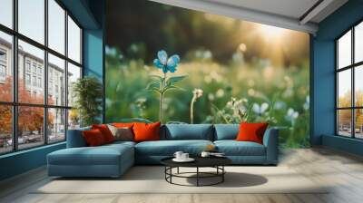  A small blue bloom sits in a sea of green grass Sunlight filters through the background trees Wall mural