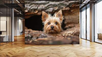  A small dog peers from a hole in the carved tree bark, transformed into a log Wall mural