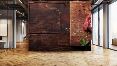  A steak resting on a cutting board, garnished with parsley; a sprig atop the steak and a single leaf or two visible beside it Wall mural