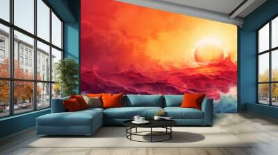  A sunset painting over a vast water body with an enormous orange sun at its heart Wall mural