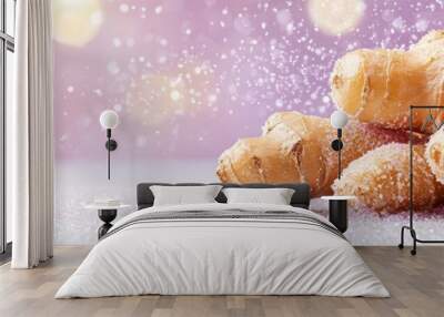  A table is laden with powdered doughnuts, each atop a bed of icing and confetted with sprinkles Wall mural