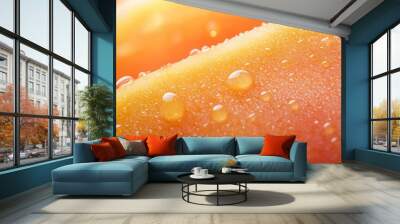  A tight shot of a banana and an orange, with water droplets gracing their summits Orange rests in the backdrop Wall mural