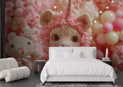   A tight shot of a  bear Another bear with a pink dress A third  bear accessorized with a pink bow tie Wall mural