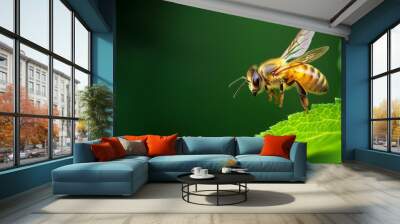  A tight shot of a bee atop a verdant leaf against a softly blurred background Wall mural