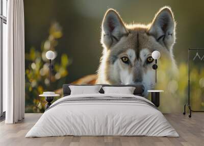  A tight shot of a dog's expression, with a bush in sharp focus at the forefront and a softly blurred background Wall mural