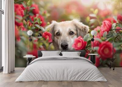  A tight shot of a dog amongst a flower field, red blossoms preceding, background softly blurred Wall mural