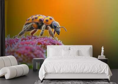  A tight shot of a flower with a bug resting atop its petals, while the background subtly blurs Wall mural