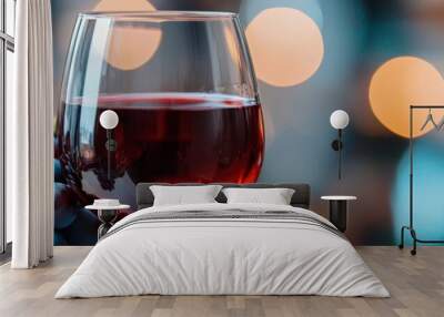  A tight shot of a glass filled with wine and a cluster of grapes on a table, illuminated by nearby lights Wall mural