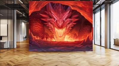  A tight shot of a red dragon in a cavern, flames erupting from its fiery maw, lava cascading down Wall mural