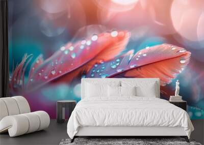  A tight shot of a rosy feather, adorned with pearls of water droplets, against a backdrop of soft, blurred light Wall mural