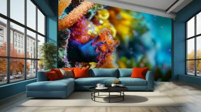  A tight shot of a sea anemone and various marine life against a vibrant coral backdrop, dotted with water bubbles Wall mural