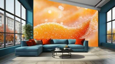  A tight shot of an orange, beaded with water droplets at its peak, against a softly blurred background Wall mural