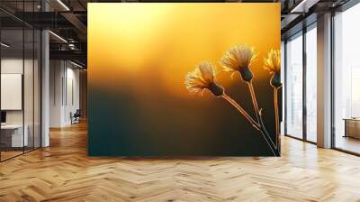  A tight shot of two yellow blooms against a vibrant yellow and black backdrop, with the sun casting light behind Wall mural