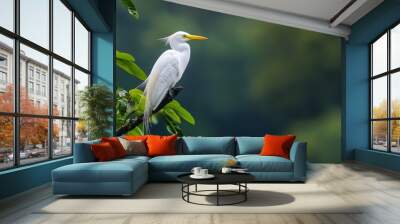  A white bird perches on a tree branch against a backdrop of a lush, green forest, adorned with leaves, on a cloud-filled day Wall mural