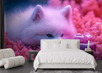  A white dog lies in a field of pink flowers, nearby is a purple box adorned with a pink bow Wall mural