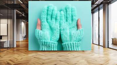  A woman's hand in a blue knitted mitt against a teal blue background Ample room for text or image placement Wall mural