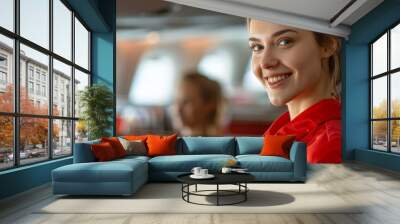  A woman, dressed in red, smiles while presenting a plate of food to others across the table Wall mural