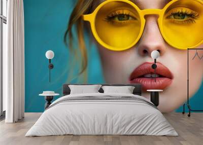  A woman wearing yellow glasses gazes intently Red lipstick sits just in front of her lips Wall mural