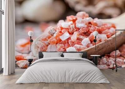  A wooden spoon holding sugar crystals atop a table, nearby, a mound of additional sugar crystals rests on the wood Wall mural