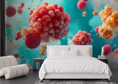  Red and yellow fruits suspended in the blue sky, surrounded by drifting clouds Wall mural