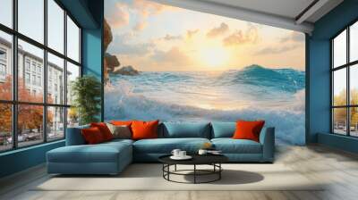  The sun sets over the ocean, waves crash on the shore, and a rock juts out Wall mural