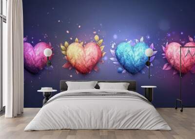  Three hearts aligned, red against a blue background, surrounded by leaves and floating hearts Wall mural