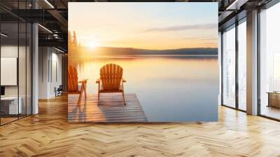  Two chairs atop a wooden dock by a water body, surrounded by a forested backdrop Wall mural