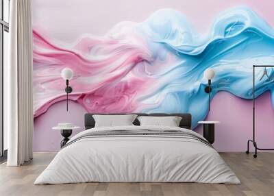  Two distinct colors of paint against a pink, blue, and white backdrop; a pink and blue swirl present on the image's left side Wall mural