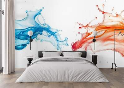  Two liquids - one orange and the other blue - interacting and splashing against each other on a pristine white backdrop Alternatively, a white setting is home to the collision Wall mural