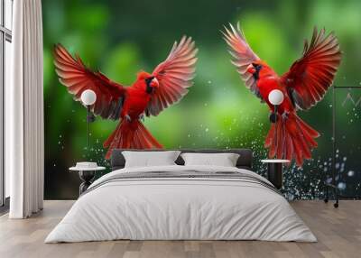  Two red birds fly above a tranquil body of water, their wings beating briskly against the air A lush backdrop of green foliage frames the scene Wall mural