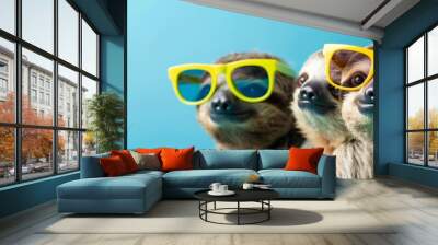  Two sloths wear yellow sunglasses One sloth dons a pair of yellow sunglasses Wall mural