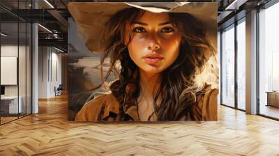 A beautiful young cowgirl in a hat, created with Generative AI technology. Wall mural