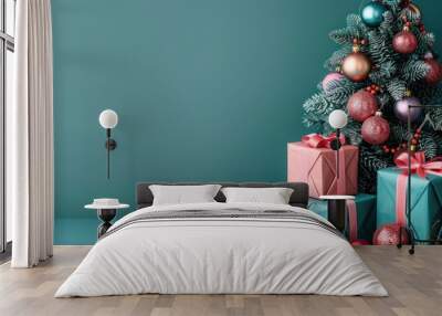 a christmas tree with presents in front of it and a blue background with red and green baubons around it. Wall mural