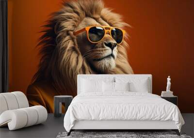 A lion in an orange suit and sunglasses on an orange background, created with Generative Ai technology. Wall mural