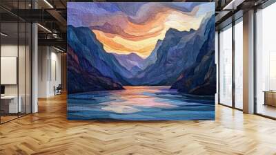 A tranquil sunset casts hues over a peaceful lake bordered by dramatic mountain peaks Wall mural